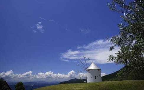 まるで地中海を思わせるギリシャ風車のある風景