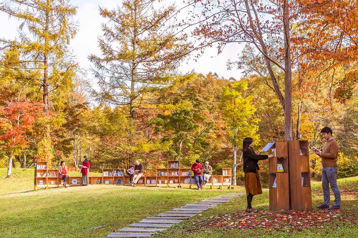軽井沢星野エリア、紅葉に包まれた空間で読書とカフェを楽しむ「紅葉図書館」を開催
