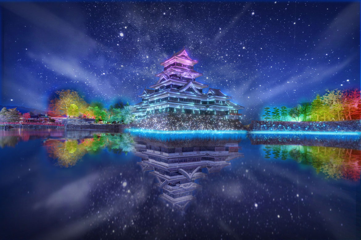 国宝松本城へ初のレーザーマッピング「松本城～氷晶きらめく水鏡～」を開催