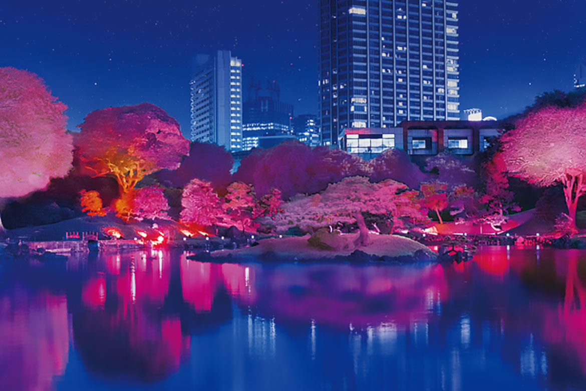旧芝離宮に満開の“光の桜”が咲き誇る。「旧芝離宮夜会 by ワントゥーテン ~ひかりさくら~ 」5/25~28開催