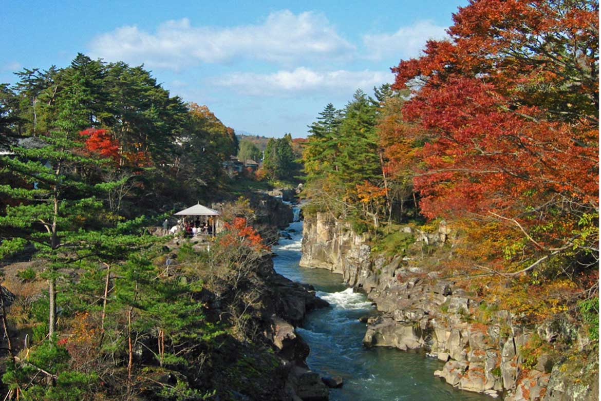 力強い岩肌と紅葉のコントラストが見事な「厳美渓」